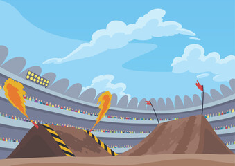 Background for jumping monster truck show. Burning springboards for car with large tires, rally 4x4 computer or mobile game. Vector cartoon illustration © the8monkey