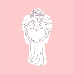 Cupid little baby with angel wings on a pink background flat vector illustration. Little baby statue holds a heart. Valentines day, love, greeting card hand drawn design