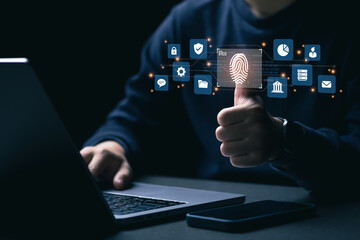 Security system and prevent hacker concept. Thumbs up with virtual fingerprint to scan biometric identity and access password thru fingerprints for technology.
