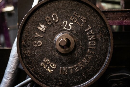 Close up detail shots of weights in an old school bodybuilding gym