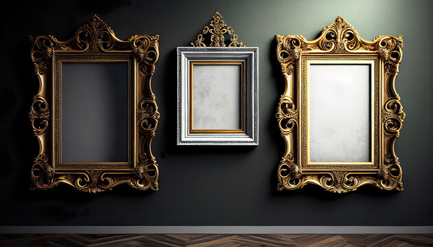 Three old vintage gold ornate eleaborate frame. AI Generated.