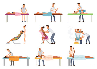 Massage therapists at work. Patients lying on couch, enjoying body relaxing treatment. Physiotherapists practicing different massage types, isolated cartoon characters. Flat vector illustrations set