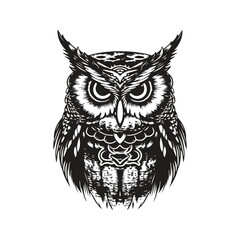 owl, vintage logo concept black and white color, hand drawn illustration