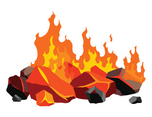 Burning coal. Realistic bright flame fire on coals heap. Closeup vector illustration for grill blaze fireplace, hot carbon or glowing charcoal image