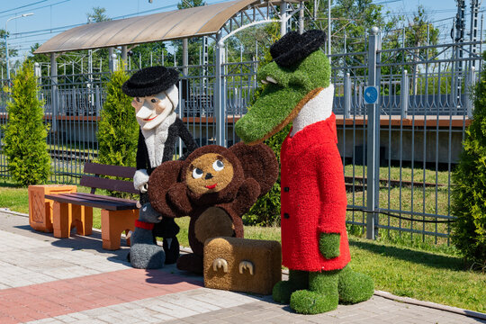 CHUDOVO, RUSSIA - JUNE 26, 2022: Heroes of the children's book "Crocodile Gena and his friends" and Soviet cartoons on the platform of Chudovo railway station