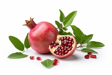 pomegranate with leaves isolated on white