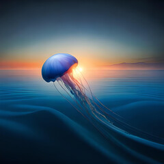 Photo illustration of jellyfish swimming in open sea at great depth with dark background generated ai
