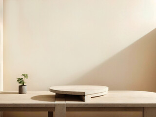 Empty top wooden shelves and wall background.