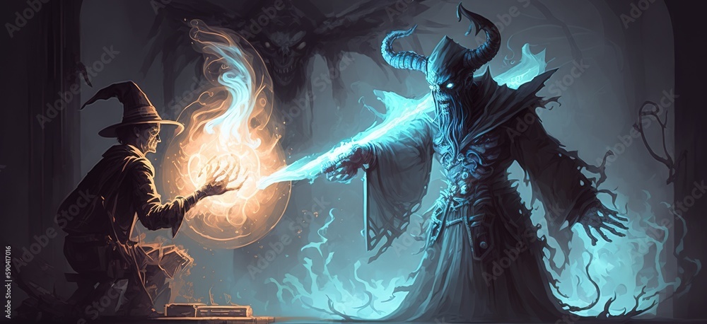 Poster sorcerer calls forth a spectral creature with a wave of his wand. generative ai