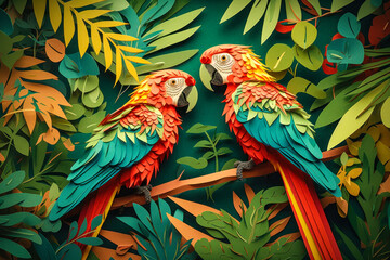 Obraz premium Macaw in amazon rainforest Kirigami card, Create a kirigami paper art featuring A pair of vibrant Macaws perched on a tree branch made of intricately folded paper leaves