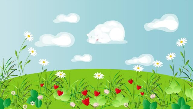 Animation of a summer picture. A cloud in the form of a polar bear floats over a field with daisies and strawberries.