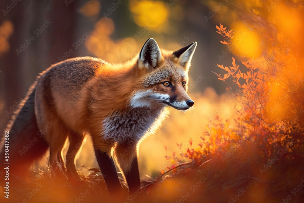 Poster sunlight and fall colors frame a red fox on the prowl. generative ai