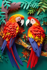 Fototapeta premium Macaw in amazon rainforest Kirigami card, Create a kirigami paper art featuring A pair of vibrant Macaws perched on a tree branch made of intricately folded paper leaves