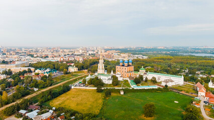 Fototapeta na wymiar Ryazan, Russia. Ryazan Kremlin - The oldest part of the city of Ryazan. Cathedral of the Assumption of the Blessed Virgin Mary, Aerial View
