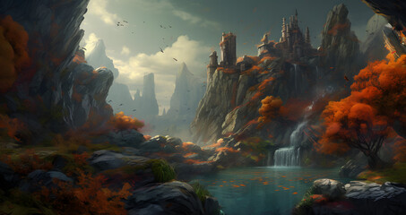 Fototapeta na wymiar Immersive Landscapes: Illustrated Painting of Castle, Waterfall and Foggy Forests - AI Art
