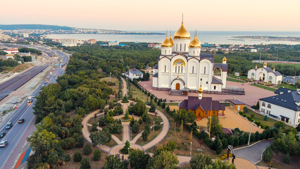 Fototapeta na wymiar Gelendzhik, Russia. Cathedral of St. Andrew the First Called. Sunset time, Aerial View