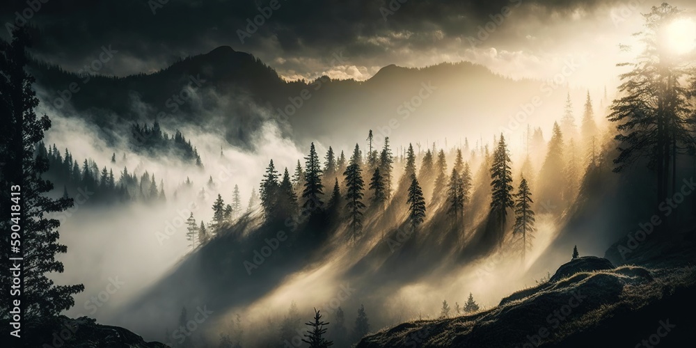 Poster forest in the mist, with dense fog and distant mountains in the background. generative ai