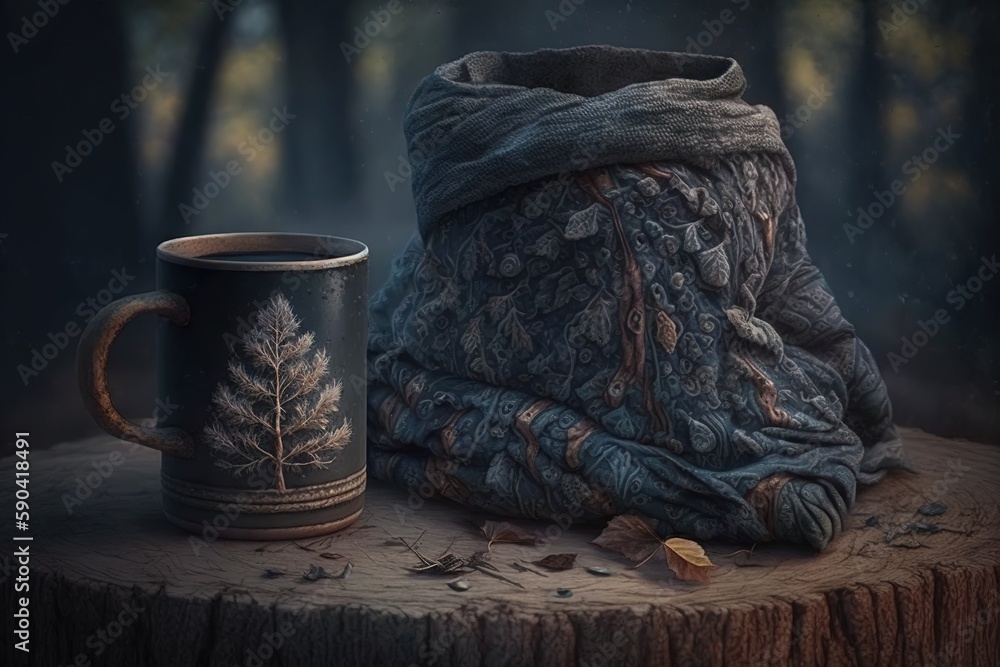 Poster towel and mug on a log generative ai
