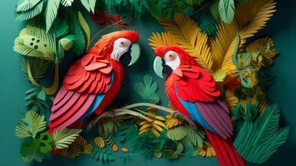 Obraz premium Macaw in amazon rainforest Kirigami card, Create a kirigami paper art featuring A pair of vibrant Macaws perched on a tree branch made of intricately folded paper leaves