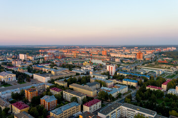 Fototapeta na wymiar Yoshkar-Ola, Russia. Panorama of the city center during sunset. Aerial view