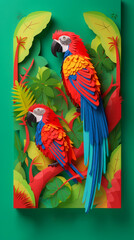 Macaw in amazon rainforest Kirigami card, Create a kirigami paper art featuring A pair of vibrant Macaws perched on a tree branch made of intricately folded paper leaves