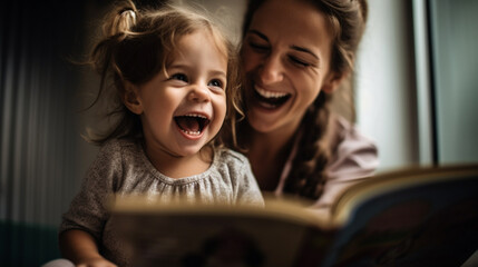 Preschool age girl laughs happily while sitting with her mom reading a story book Generative AI