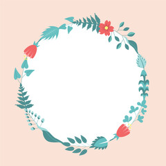 Vector floral frame. Floral circle frame design element for invitations, greeting cards, posters, blogs. Delicate branches and leaves.