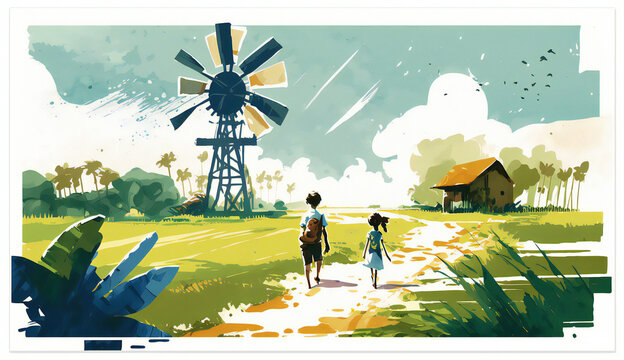 people walking toward windmill in the field created with Generative AI technology