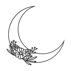 Crescent Moon with Flower Line art
