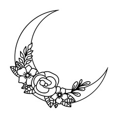 Crescent Moon with Flower Line art
