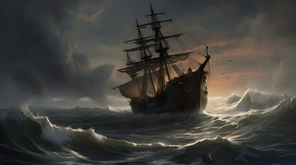 Obraz premium Haunting Beautiful Sailing Ship: A Stunning Illustration of a Majestic Nautical Vessel on the Water - AI Art