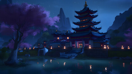 Fototapeta premium The Enchantment of Night: Architecture Amidst Nature and Culture - AI Art