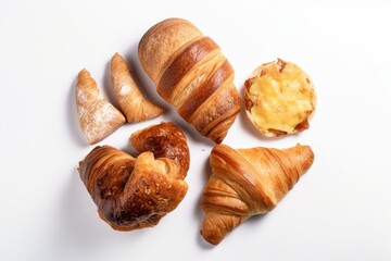 bread and croissants on white background