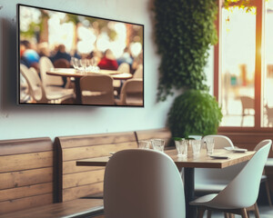 modern cafe with large led tv. coffee theme background.