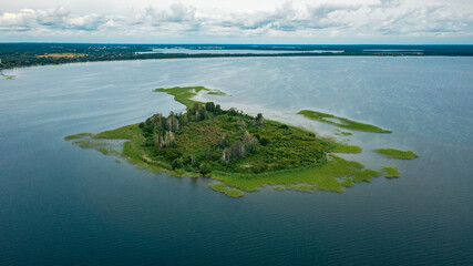 Obraz premium An aerial view on a small islet on the Naroch lake in Belarus