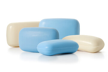 Five pieces of white and blue toilet soap on a white background. Full depth of field. With clipping path