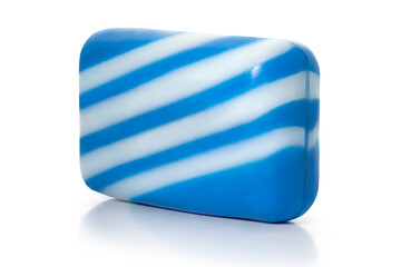 Piece of white and blue toilet soap on a white background. Full depth of field. With clipping path