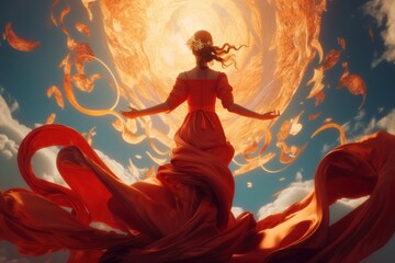 A girl in a red dress at sunset