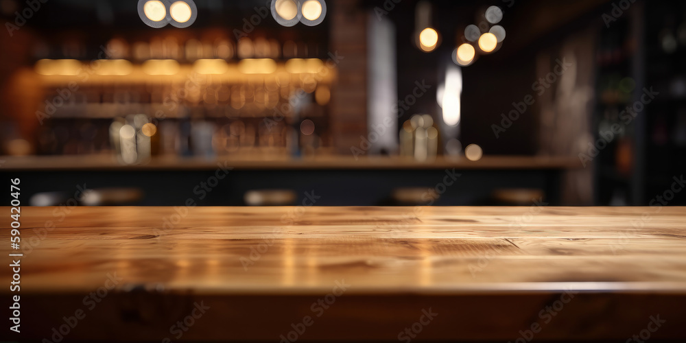 Poster an empty wooden counter table top for product display in a pub or bar. generative ai