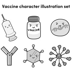 ワクチンのイメージキャラクターセット（注射器、抗体、薬）白黒