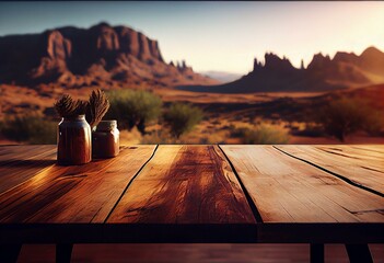 wooden table and landscape background. Ready for product display montage. Generative AI