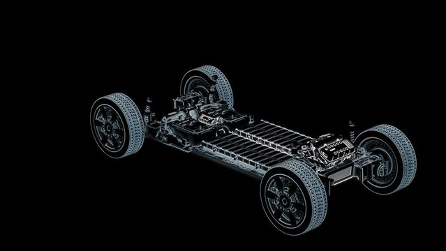 Blue outline electric car with pack of battery cells module 4k footage