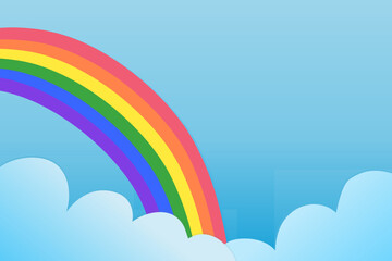 Obraz na płótnie Canvas Rainbow Clouds on Blue Sky Background Colorful Weather Happy Welcome Spring Vacations Holidays Cartoon School Kindergarten Children Kid Education Gradient Spectrum Vector Illustration Copy Space