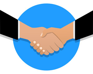 Illustration of a businessman shaking hands making a deal on a blue circle background as a symbol of trust. person, people shaking hands, businessmen shaking hands, make a deal 