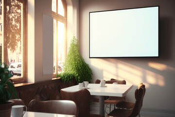 modern interior of a cafe restaurant. large blank tv screen. sunlit room.