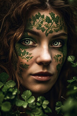 A woman with green eyes and green leaves on her face, Generative Ai