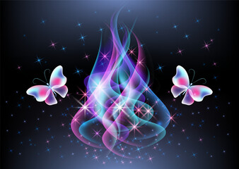 Glowing fairytale wave smoke with magical butterflies against the background of the starry night sky. Abstract fantastic background.