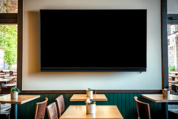 interior of a cafe restaurant. big led tv, black screen background.