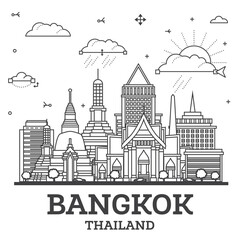 Fototapeta premium Outline Bangkok Thailand City Skyline with Modern and Historic Buildings Isolated on White. Bangkok Cityscape with Landmarks.