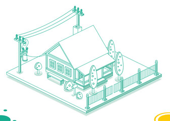 Isometric Small House with Electric Pole and Transformer on It. Electric Energy Distribution Chain. Outline Concept.